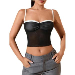 imageSHENHE Womens Color Block Sheer Lace Crop Cami Top Slim Fitted Spaghetti Strap Sexy Summer TopMesh Black
