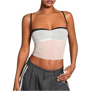 imageSHENHE Womens Color Block Sheer Lace Crop Cami Top Slim Fitted Spaghetti Strap Sexy Summer TopMesh White