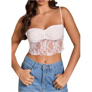 imageSHENHE Womens Color Block Sheer Lace Crop Cami Top Slim Fitted Spaghetti Strap Sexy Summer TopWhite