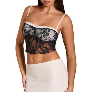 imageSHENHE Womens Color Block Sheer Lace Crop Cami Top Slim Fitted Spaghetti Strap Sexy Summer TopWhite Black a