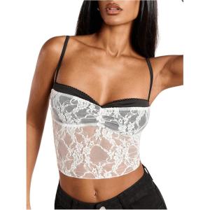 imageSHENHE Womens Color Block Sheer Lace Crop Cami Top Slim Fitted Spaghetti Strap Sexy Summer TopWhite and Black
