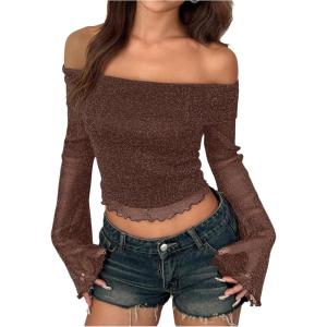 imageSHENHE Womens Glitter Shiny Top Off The Shoulder Bell Long Sleeve Party Night Crop TopBrown