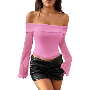 imageSHENHE Womens Glitter Shiny Top Off The Shoulder Bell Long Sleeve Party Night Crop TopPink