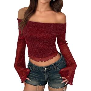 imageSHENHE Womens Glitter Shiny Top Off The Shoulder Bell Long Sleeve Party Night Crop TopRose Red