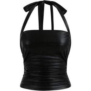 imageSHENHE Womens Halter Cami Tops Ruched Backless Sleeveless Slim Fit Y2K Crop TopBlack