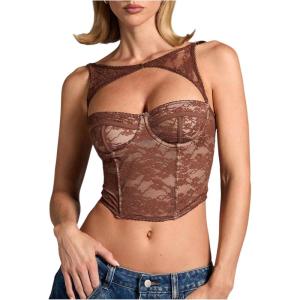 imageSHENHE Womens Lace Bustier Corset Top Cut Out Sexy Mesh Cropped Tank Party Night TopBrown