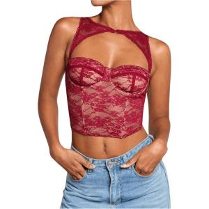 imageSHENHE Womens Lace Bustier Corset Top Cut Out Sexy Mesh Cropped Tank Party Night TopBurgundy