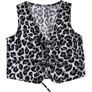 imageSHENHE Womens Leopard Vest Top Tie Front Animal Print Sleeveless Vintage Fashion Vest Crop TopBlack