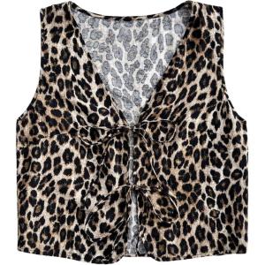 imageSHENHE Womens Leopard Vest Top Tie Front Animal Print Sleeveless Vintage Fashion Vest Crop TopCheetah Brown