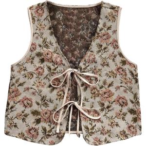 imageSHENHE Womens Leopard Vest Top Tie Front Animal Print Sleeveless Vintage Fashion Vest Crop TopFloral Pink