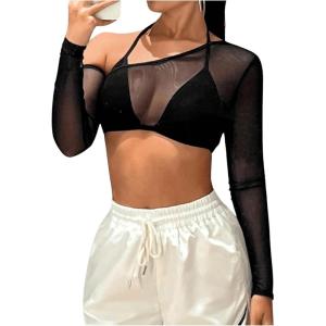 imageSHENHE Womens Mesh Sheer Halter Tie Neck Asymmetrical Long Sleeve Sexy 2 in 1 Crop TopBlack