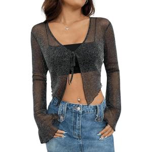 imageSHENHE Womens Mesh Sheer Sparkly V Neck Asymmetrical Tie Front Long Flare Sleeve Crop BlouseBlack