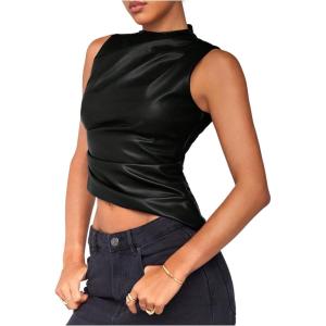 imageSHENHE Womens Mock Neck PU Leather Tank Asymmetrical Pleated Dressy Crop Top TankBlack