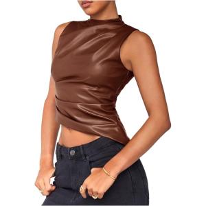 imageSHENHE Womens Mock Neck PU Leather Tank Asymmetrical Pleated Dressy Crop Top TankBrown