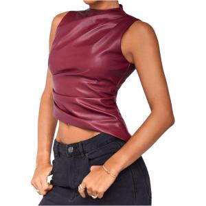 imageSHENHE Womens Mock Neck PU Leather Tank Asymmetrical Pleated Dressy Crop Top TankBurgundy