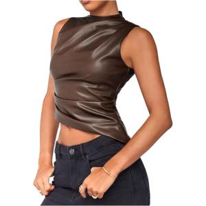 imageSHENHE Womens Mock Neck PU Leather Tank Asymmetrical Pleated Dressy Crop Top TankCoffee Brown