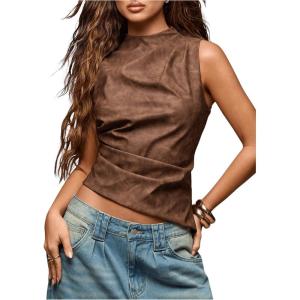 imageSHENHE Womens Mock Neck PU Leather Tank Asymmetrical Pleated Dressy Crop Top TankKhaki