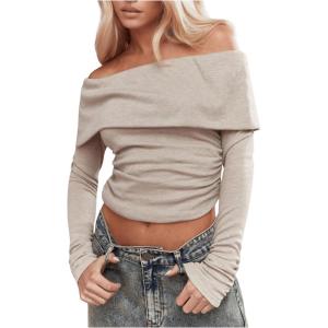 imageSHENHE Womens Off The Shoulder Long Sleeve Top Sexy Ruched Fitted Tee Y2k Fold Over Dressy TshirtKhaki