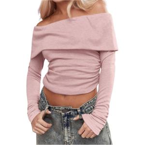 imageSHENHE Womens Off The Shoulder Long Sleeve Top Sexy Ruched Fitted Tee Y2k Fold Over Dressy TshirtPink