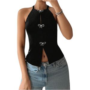 imageSHENHE Womens Rhinestone Bow Front Halter Tops Keyhole Split Sleeveless Cami Crop TopBlack