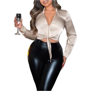 imageSHENHE Womens Satin V Neck Tie Front Knot Long Sleeve Sexy Party Night Crop Top BlouseChampagne