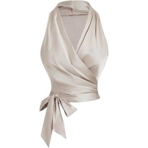 imageSHENHE Womens Satin Wrap Ruched Tie Side Tank Top Deep V Neck Sleeveless Elegant BlouseApricot