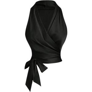 imageSHENHE Womens Satin Wrap Ruched Tie Side Tank Top Deep V Neck Sleeveless Elegant BlouseBlack