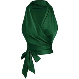 imageSHENHE Womens Satin Wrap Ruched Tie Side Tank Top Deep V Neck Sleeveless Elegant BlouseGreen