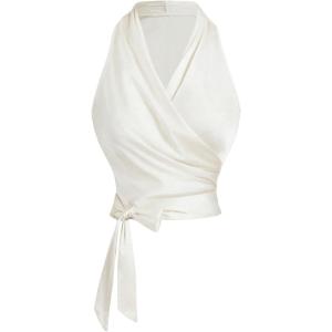 imageSHENHE Womens Satin Wrap Ruched Tie Side Tank Top Deep V Neck Sleeveless Elegant BlouseWhite