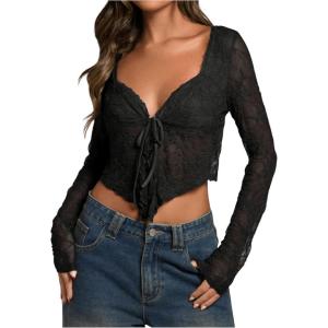 imageSHENHE Womens Sexy Open Front Tie Long Sleeve Ruffle Trim Sheer Lace Deep V Y2k Crop TopBlack