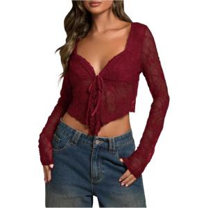 imageSHENHE Womens Sexy Open Front Tie Long Sleeve Ruffle Trim Sheer Lace Deep V Y2k Crop TopBurgundy
