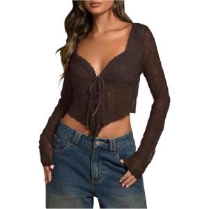 imageSHENHE Womens Sexy Open Front Tie Long Sleeve Ruffle Trim Sheer Lace Deep V Y2k Crop TopCoffee Brown