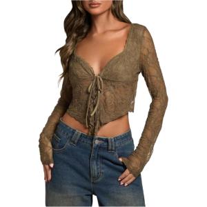 imageSHENHE Womens Sexy Open Front Tie Long Sleeve Ruffle Trim Sheer Lace Deep V Y2k Crop TopGreen