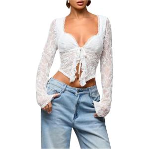 imageSHENHE Womens Sexy Open Front Tie Long Sleeve Ruffle Trim Sheer Lace Deep V Y2k Crop TopWhite