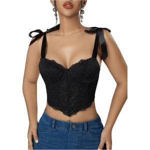 imageSHENHE Womens Tie Back Floral Lace Bustier Corset Top Tie Shoulder Sexy Crop Top CamisoleBlack