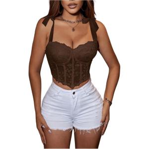 imageSHENHE Womens Tie Back Floral Lace Bustier Corset Top Tie Shoulder Sexy Crop Top CamisoleBrown
