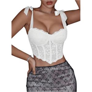 imageSHENHE Womens Tie Back Floral Lace Bustier Corset Top Tie Shoulder Sexy Crop Top CamisoleWhite