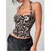 imageSHENHE Womens Leopard Print Velvet Top Y2K Ruched Tie Halter Strapless Cheetah Animal Crop TopsBlack and Brown