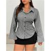 imageSHENHE Womens Plus Size Striped Button Down Shirt Collared Long Sleeve Blouse TopsBlack and White