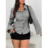 imageSHENHE Womens Plus Size Striped Button Down Shirt Collared Long Sleeve Blouse TopsBlack and White