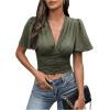 imageSHENHE Womens Sexy Ruffle Flutter Short Sleeve Deep V Smocked Button Front Dressy Crop Top BlouseArmy Green