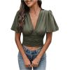 imageSHENHE Womens Sexy Ruffle Flutter Short Sleeve Deep V Smocked Button Front Dressy Crop Top BlouseArmy Green