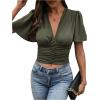 imageSHENHE Womens Sexy Ruffle Flutter Short Sleeve Deep V Smocked Button Front Dressy Crop Top BlouseArmy Green