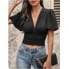imageSHENHE Womens Sexy Ruffle Flutter Short Sleeve Deep V Smocked Button Front Dressy Crop Top BlouseBlack