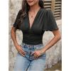 imageSHENHE Womens Sexy Ruffle Flutter Short Sleeve Deep V Smocked Button Front Dressy Crop Top BlouseBlack