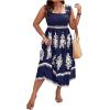 imageSHENHE Womens Smocked Sleeveless Flowy Tribal Print Summer Boho Vacation Maxi DressDeep Blue
