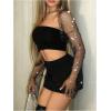 imageSHENHE Womens Sparkly Mesh Rhinestone Top Sheer Bell Sleeve Sexy Shrug Bolero Crop Rave TopBlack