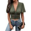 imageSHENHE Womens Sexy Ruffle Flutter Short Sleeve Deep V Smocked Button Front Dressy Crop Top BlouseArmy Green