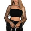 imageSHENHE Womens Sparkly Mesh Rhinestone Top Sheer Bell Sleeve Sexy Shrug Bolero Crop Rave TopBlack