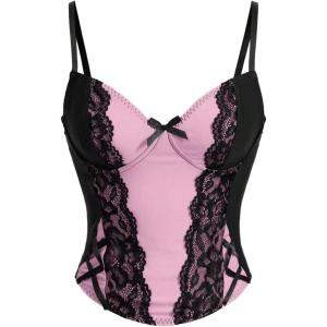 imageSHENHE Womens Bow Front Lace Trim Bustier Corset Top Spaghetti Strap Tank Camisole TopPink